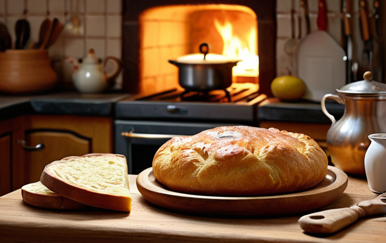 **
>A warm, inviting kitchen scene with a freshly baked Hungarian Pogacha on a wooden cutting board. Steam is rising. Focus on the golden-brown crust and visible layers. Soft, diffused lighting to emphasize the "homey" and comforting feeling. Maybe include a glimpse of a traditional Russian Samovar in the background.
**