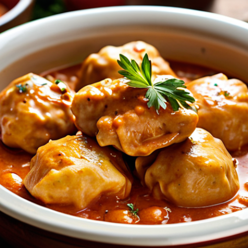 Home 6 A mouth-watering, close-up shot of an authentic Hungarian Chicken Paprikash, served in a rustic ceramic bowl on a warm wooden table. The tender chicken pieces are generously coated in a rich, deep red, creamy paprika sauce. Traditional Nokedli (dumplings) are perfectly nestled alongside, soaking up the flavorful sauce. Subtle steam rises, enhancing the inviting atmosphere of a cozy, warmly lit kitchen. Professional food photography, high resolution, intricate details, appetizing presentation, soft focus background, natural lighting, perfect anatomy, correct proportions, natural colors, safe for work, appropriate content, fully clothed, family-friendly.