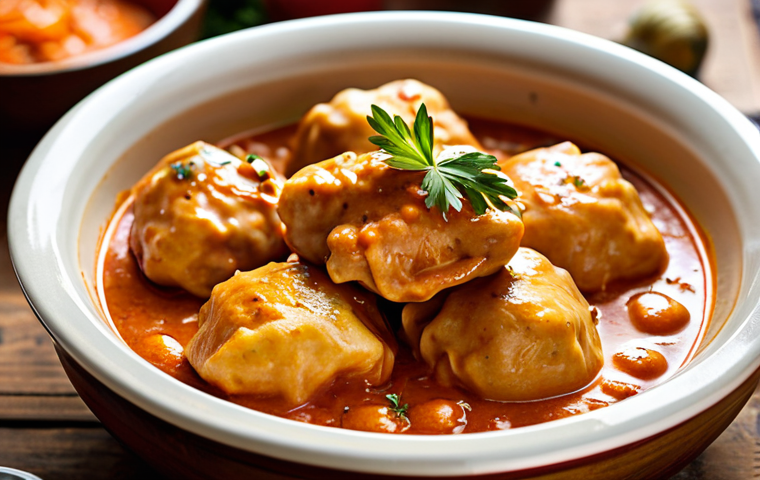 A mouth-watering, close-up shot of an authentic Hungarian Chicken Paprikash, served in a rustic ceramic bowl on a warm wooden table. The tender chicken pieces are generously coated in a rich, deep red, creamy paprika sauce. Traditional Nokedli (dumplings) are perfectly nestled alongside, soaking up the flavorful sauce. Subtle steam rises, enhancing the inviting atmosphere of a cozy, warmly lit kitchen. Professional food photography, high resolution, intricate details, appetizing presentation, soft focus background, natural lighting, perfect anatomy, correct proportions, natural colors, safe for work, appropriate content, fully clothed, family-friendly.
