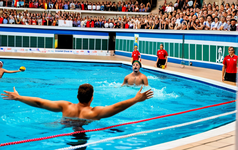 헝가리 스포츠 인기 종목 - **Prompt:** A jubilant crowd cheering at a water polo match in Budapest, Hungary, focusing on the ac...