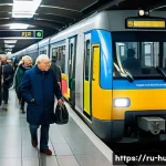 Home 19 헝가리 대중교통 이용 팁 - A bustling Budapest public transportation scene featuring a modern metro train arriving at a clean, ...