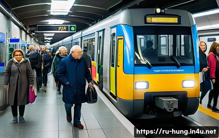 헝가리 대중교통 이용 팁 - A bustling Budapest public transportation scene featuring a modern metro train arriving at a clean, ...