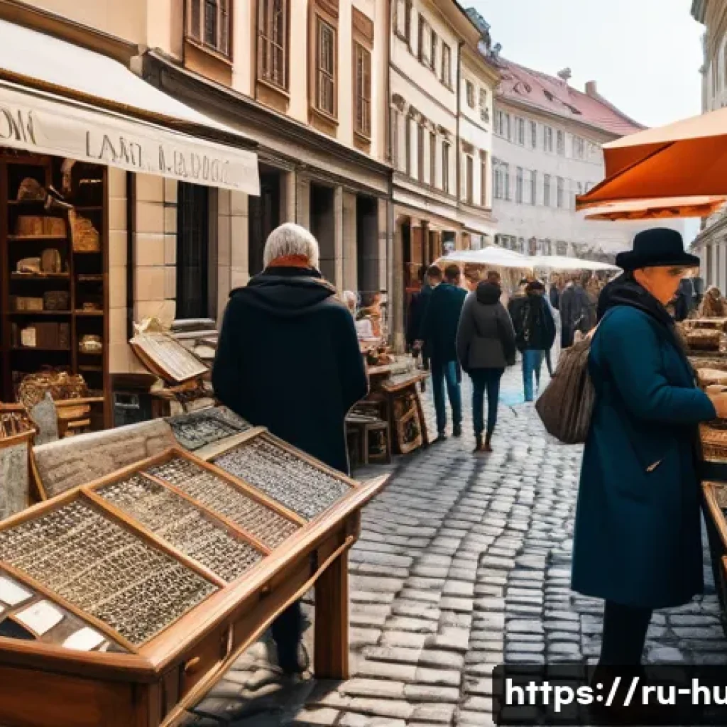 헝가리 살러시 광장 벼룩시장 - A bustling vintage market scene set in a historic European city square, early morning light casting ...
