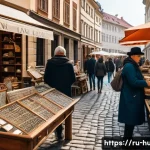 Home 18 헝가리 살러시 광장 벼룩시장 - A bustling vintage market scene set in a historic European city square, early morning light casting ...