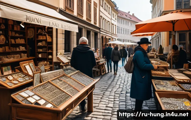 헝가리 살러시 광장 벼룩시장 - A bustling vintage market scene set in a historic European city square, early morning light casting ...