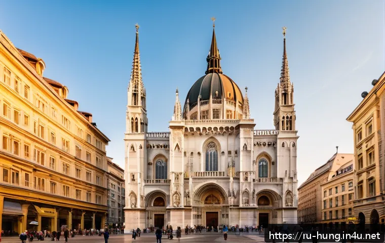 헝가리 성 이슈트반 대성당 - A majestic view of St. Stephen’s Cathedral facade in Budapest at golden hour, showcasing its towerin...