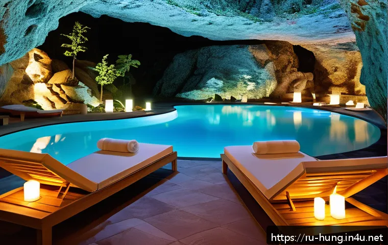 헝가리 미슈콜츠 동굴 온천 - A serene thermal spa complex nestled in a natural cave setting, featuring warm pools with steaming m...