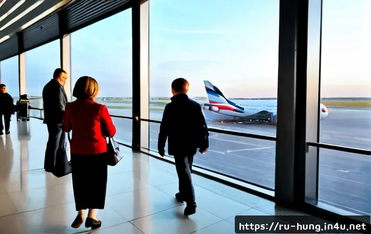 헝가리 직항 항공편 - Photorealistic travel scene of a Russian family at a modern Moscow airport departure lounge, looking...
